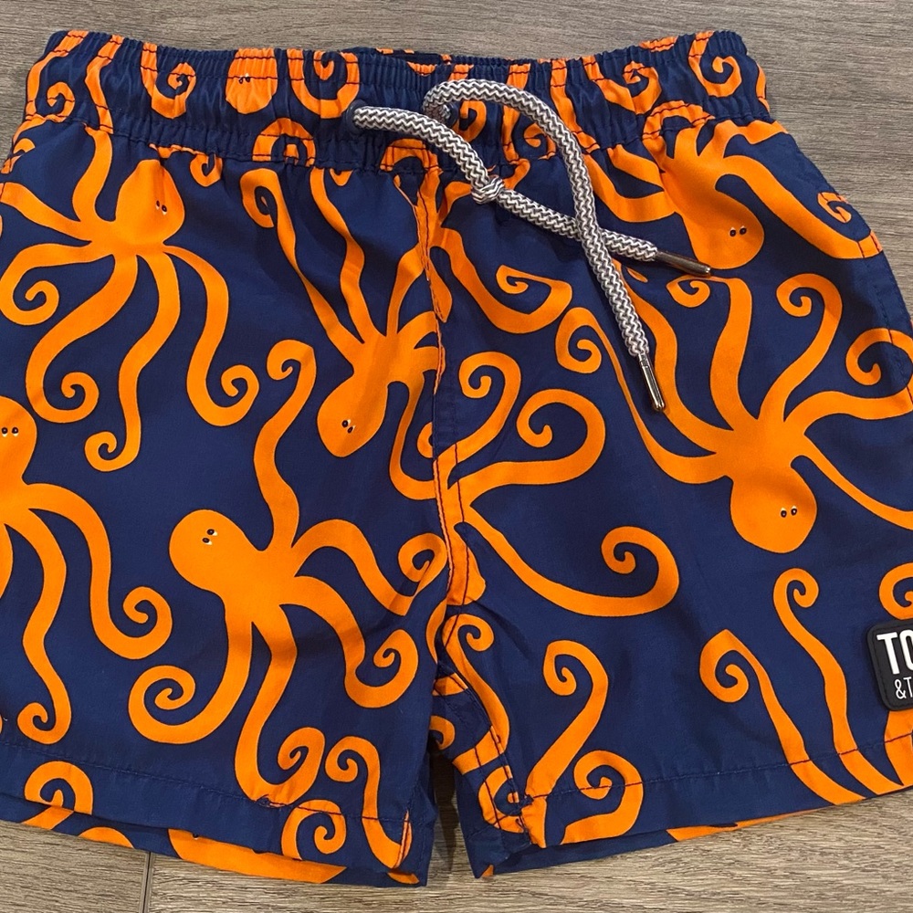 Tom & Teddy boys swim trunks size 3-4 navy orange octopus